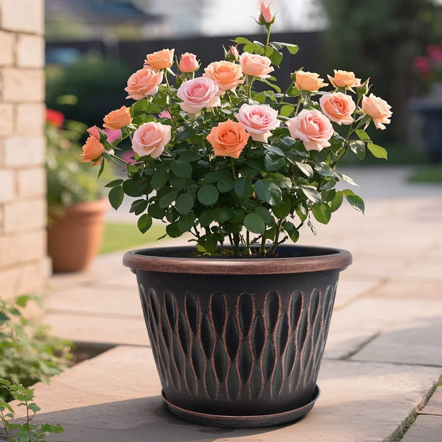 Usocik 12 Pack 10 Inch Retro Plant Pots with Drainage Holes and Saucer for Indoor Outdoor Plants.