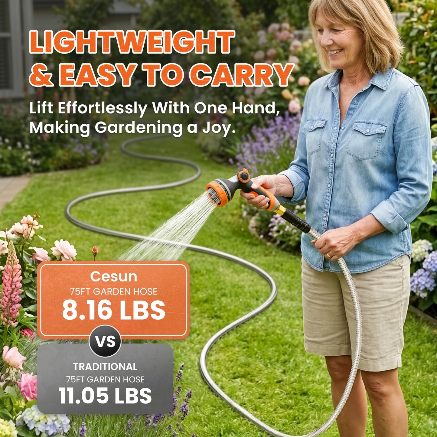Cesun 75 ft Metal Garden Hose, Stainless Steel Heavy Duty Water Hose With 10 Function Nozzle, No Kink & Flexible, Lightweight and Durable, Rust Proof for Yard, RV, Pet Bath, Outdoor, 75 foot x 5/8"