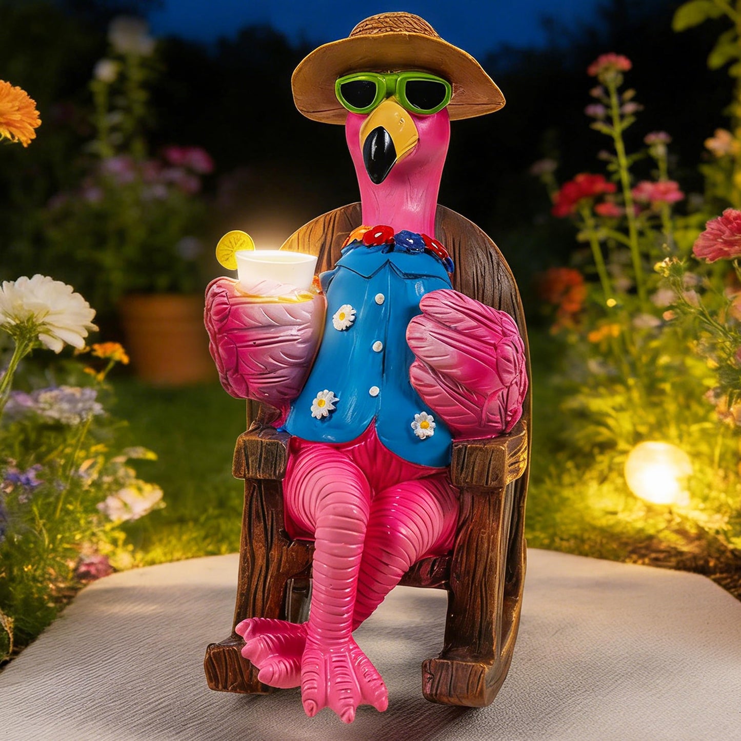 LIULO TOOL Solar Flamingo Figurines Garden Decor, Light Up Resin Flamingo Sitting on Chair Statue, Waterproof Outdoor Patio Sculpture, Cute Solar Powered Yard Decoration for Lawn Home Gift