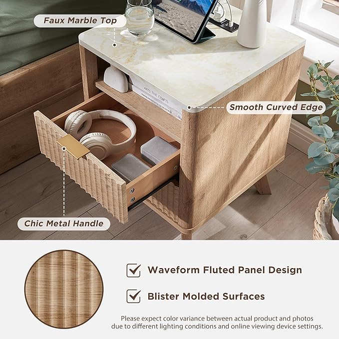 T4TREAM Fluted Nightstand with Charging Station, 2 Drawers End Table w/Storage