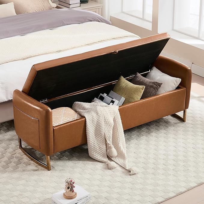 65" End of Bed Storage Bench, Leather Storage Bench