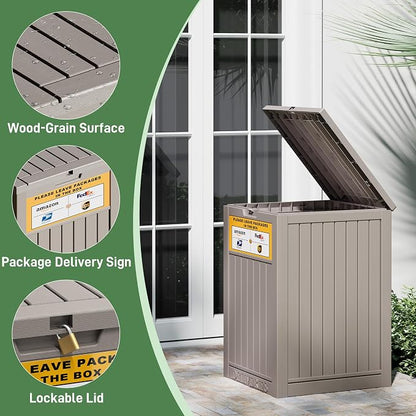Package Delivery Box for Outside with Sign, Secure Lockable Waterproof Package Delivery Container, Resin Deck Box for Porch & Garden, Grey