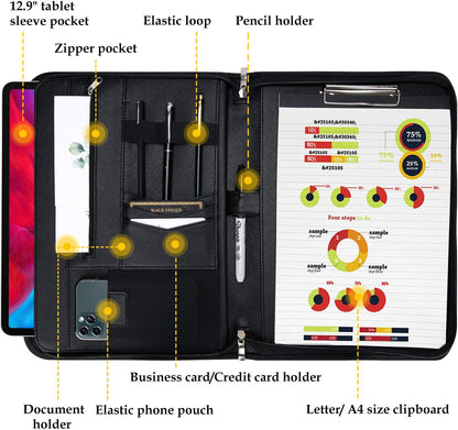 ProCase Portfolio Business Padfolio Folder with Handle and Zipper, Conference Meeting Executive File Legal Document Organizer with Pockets Letter Size A4 Writing Pad Notepad Padfolio -Allblack