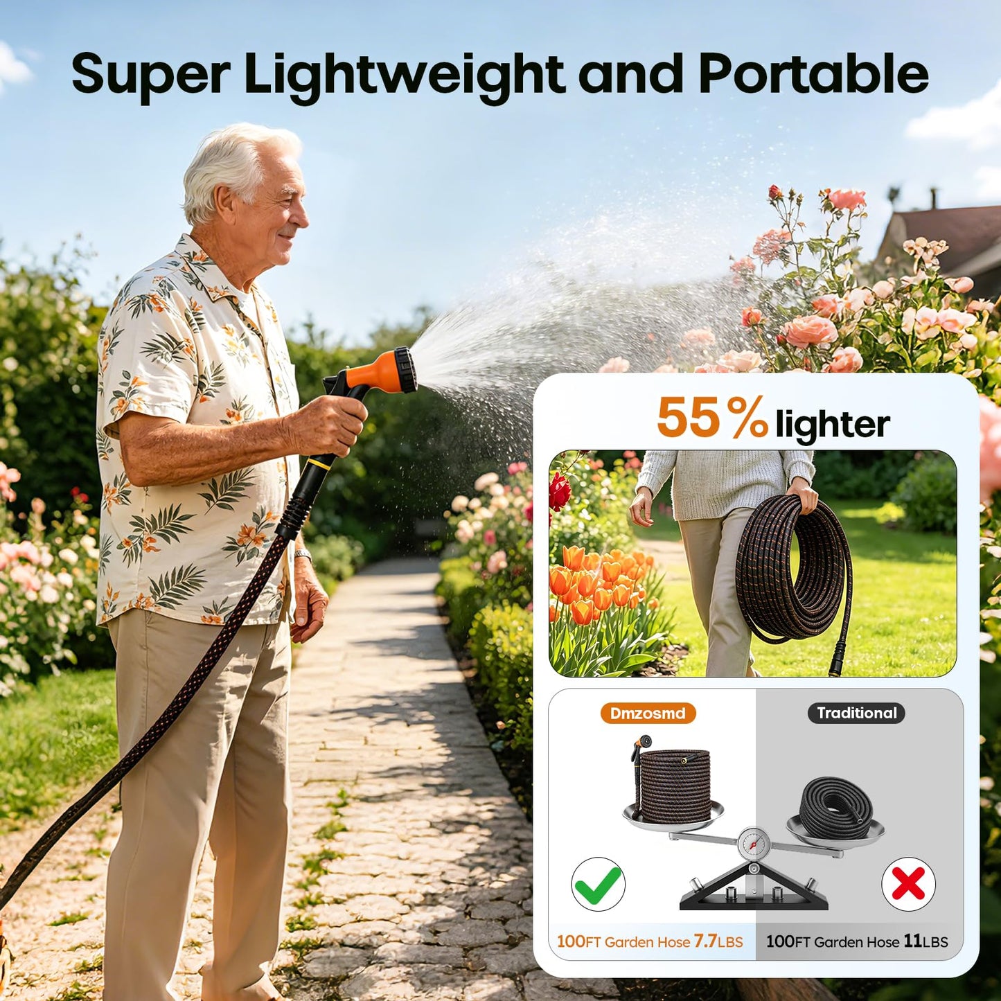 Garden Hose, 3/4" Flexible Water Hose Ultra Lightweight, Non-Expandable with 10 Function Nozzle, Kink-Free, Leak-Proof, 360° Swivel, Abrasion Resistant & Easy to Store for Yard Lawn, Outdoor (100ft)