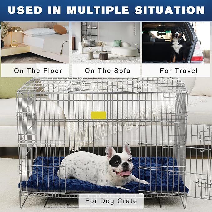 Washable Dog Bed Mat Crate Pad Soft Fluffy Pet Kennel Beds Dog Sleeping Mattress for Large Jumbo Medium Small Dogs, 30 x 19 Inch, Blue