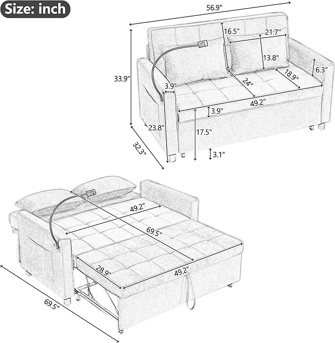 3 in 1 Convertible Sleeper Sofa Bed, 56.9" Small Pull Out Couch Bed