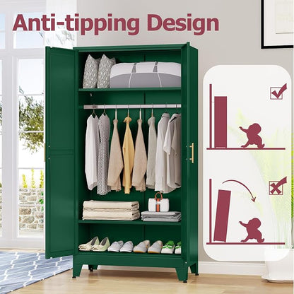 GAIOUS Metal Wardrobe Cabinet with Hanging Rod, Clothing Storage Cabinets | with 2 Doors and Adjustable Shelves, 71" Metal Green Armoire Wardrobe Closet for Bedroom, Laundry Room, Cloak Room