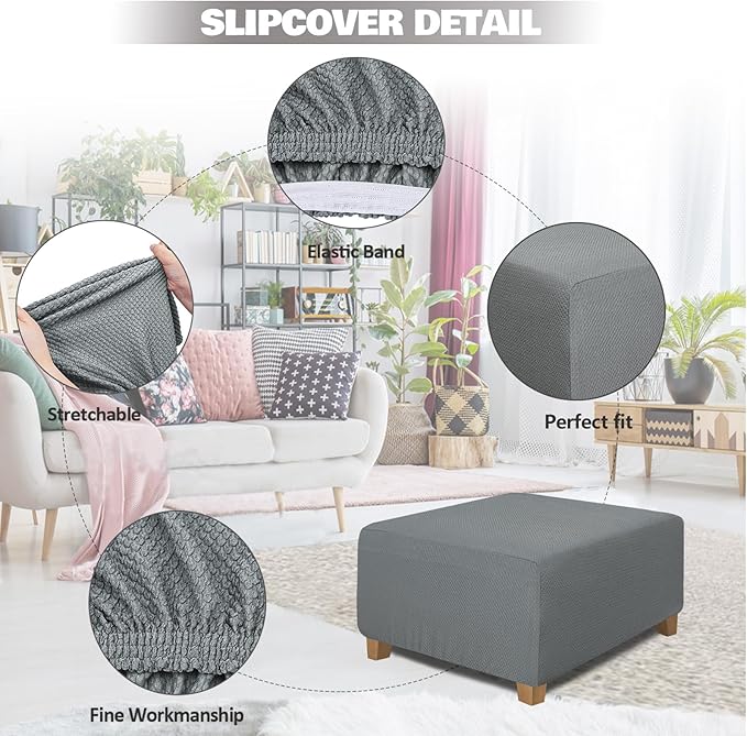 NeColorLife Square Ottoman Cover Jacquard Fabric Slipcover Thick Stretchable