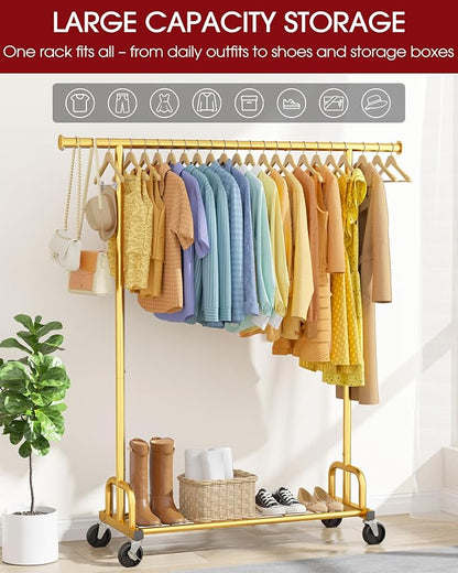 Sakugi Clothes Rack - Large-Capacity Clothing Racks for Hanging Clothes with Lockable Wheels, Space-Saving Metal Coat Rack for Bedroom, Laundry Room, Entryway, 45.6" x 16.9" x 59", Gold