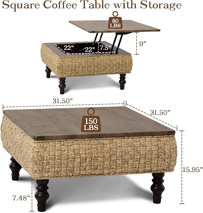 31.5" Lift Top Coffee Table for Living Room, Square Farmhouse Coffee Table