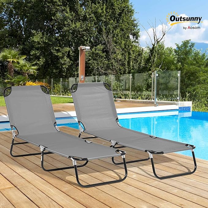 Outsunny 2 Piece Folding Chaise Lounge Pool Chairs, Outdoor Sun Tanning Chairs