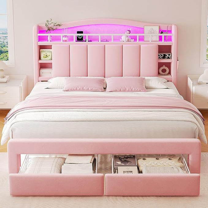 Queen LED Bed Frame with Storage Headboard & 2 Storage Drawers, Princess Velvet