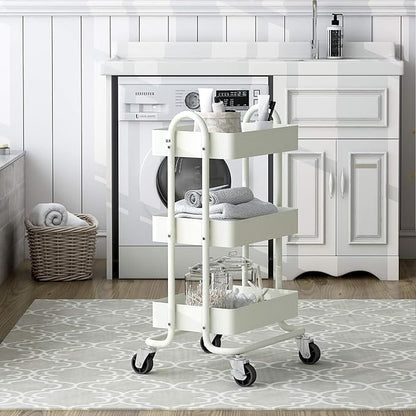 Metal Rolling Cart,3-Tier Metal Rolling Cart with Wheels,3 Tier Utility Cart with Wheels for Office,Home,Kitchen,Garden（13.4"x18.1"x31"） White