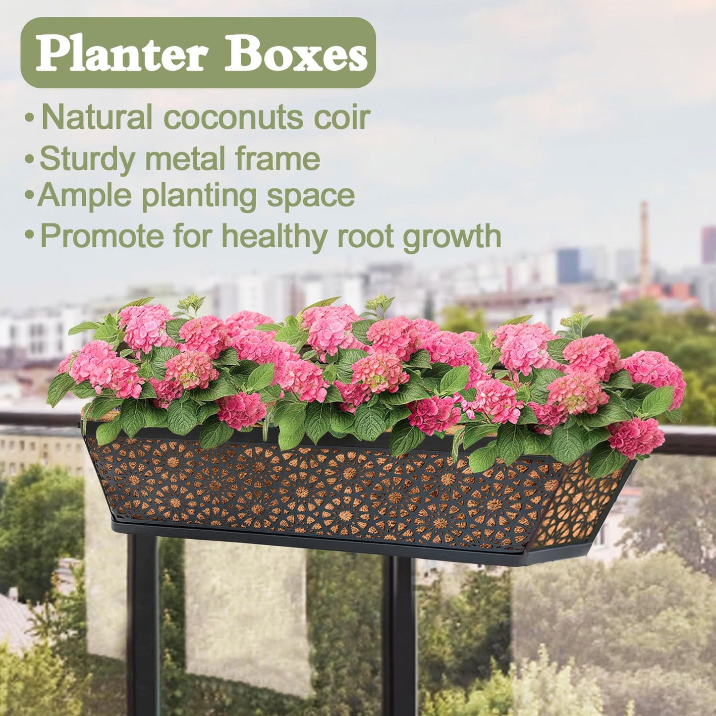ZVOWOS Black Metal Railing Planter Window Box (2 Pack, 24 Inch) Horse Trough Planter with Coco Fiber Liner Deck Balcony Rail Planters for Porch Fence Patio Outdoor Garden Décor