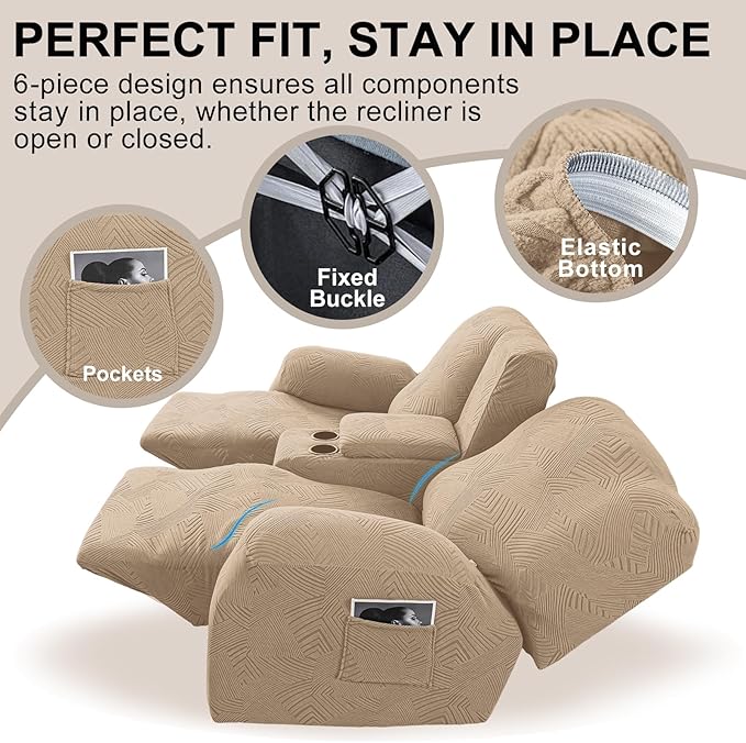 Recliner Loveseat Covers with Console, 6-Piece Stretch Geometric Strokes