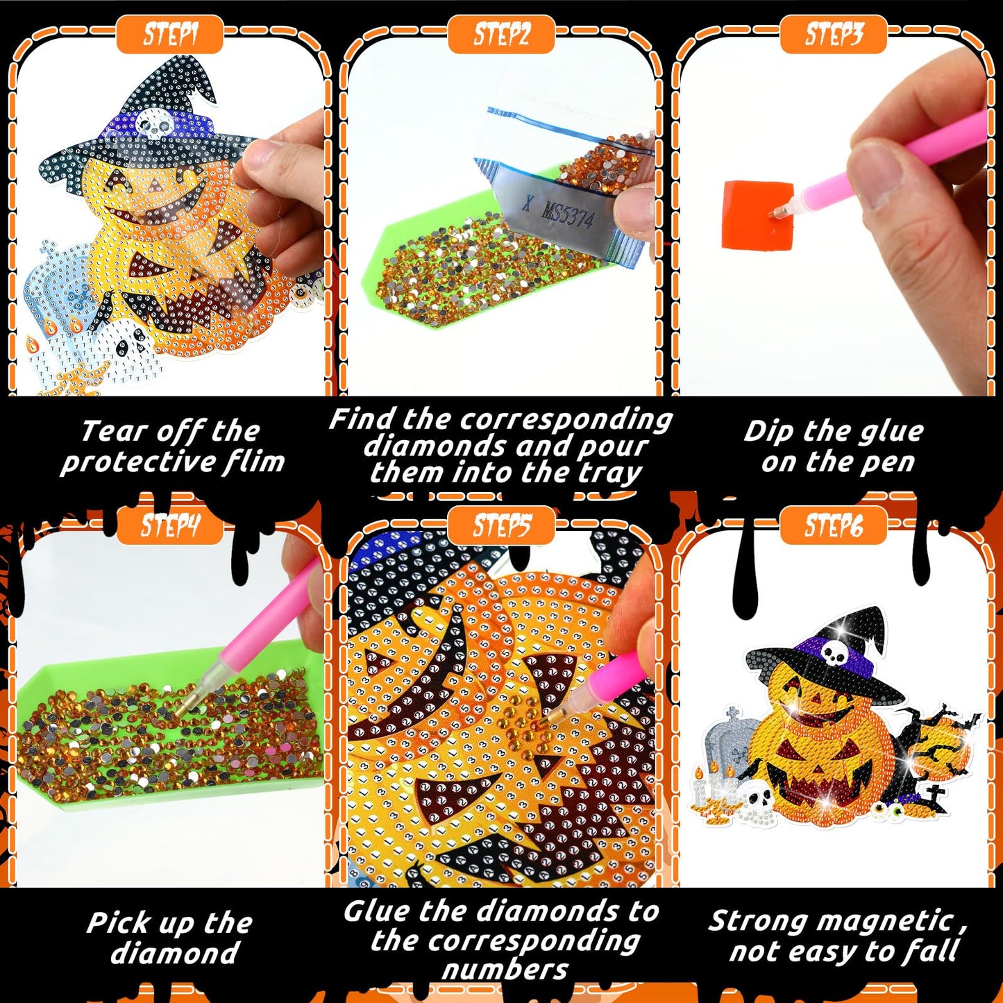 Zonon 6 Pcs Halloween Diamond Painting Hanging Sign Set 5d Gnome Pumpkin Diamond Art Set for Adults DIY Art Pendant Ornaments Kits Acrylic Bat Skull Ghost Truck for Halloween Wall Door Window Decor