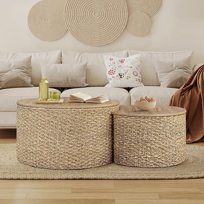 Nesting Coffee Table Set of 2, Rustic Crate and Barrel Coffee Table, Hand-Woven