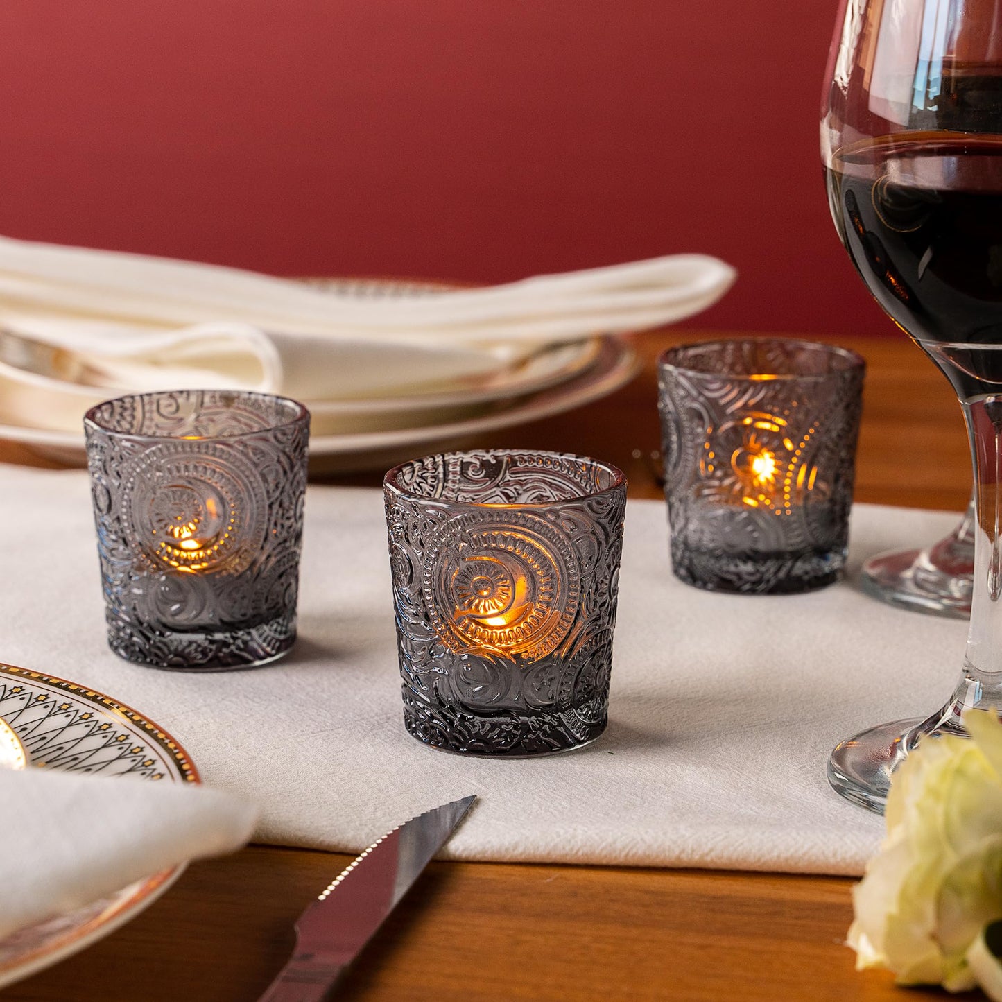 6 Pack Patented Sun Moon Star Embossed Glass Tea Light Candle Holders - Unique Votive Candle Holders for Wedding, Party, and Table Centerpieces (Multi-Color)
