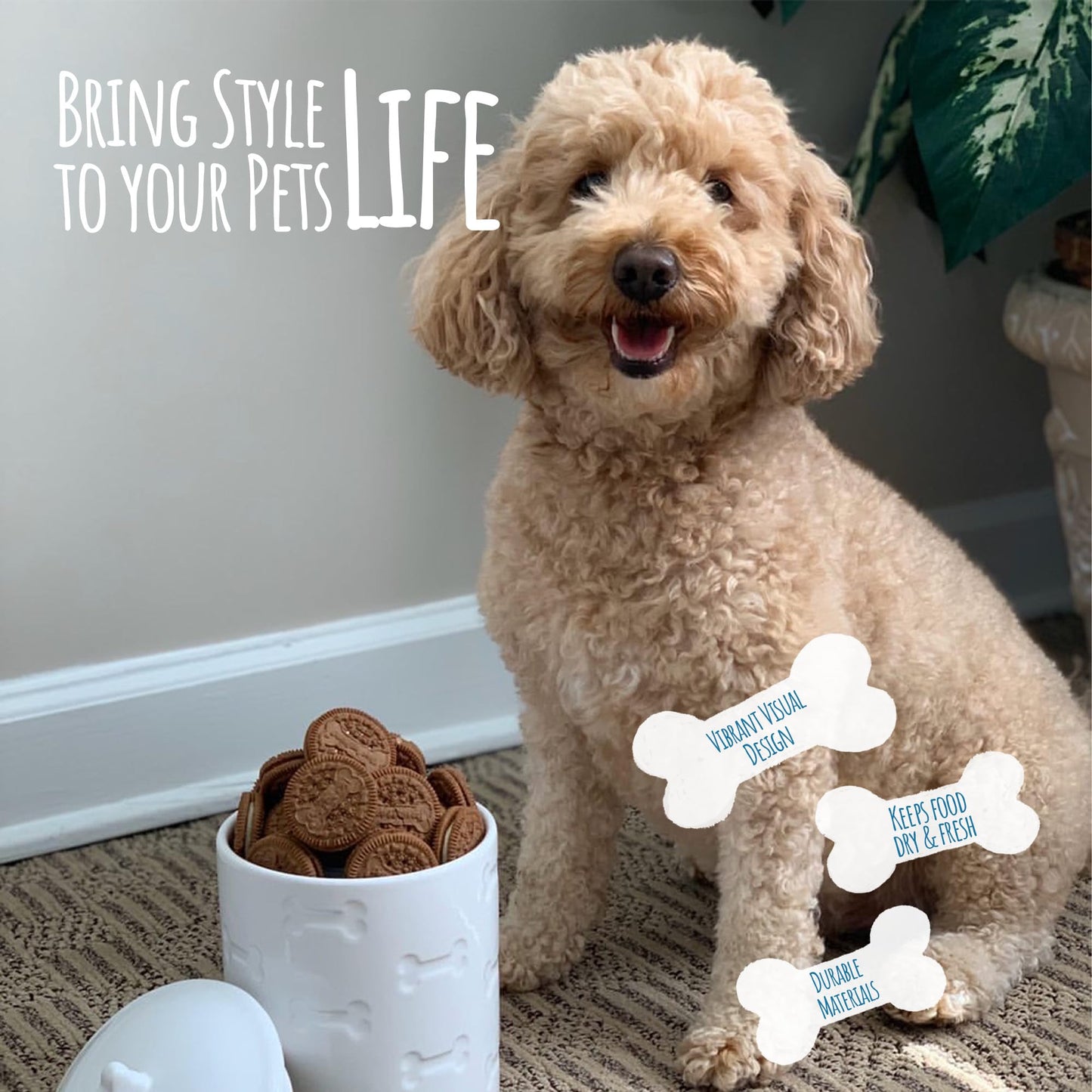 Park Life Designs Ceramic Treat Jar, Kitchen Countertop Container for Dogs, Cats, Puppies and More, Chic Container with Airtight Lid for Cookies, Biscuits and Treats (Manor) (Bones, White, 1.4 Qt)