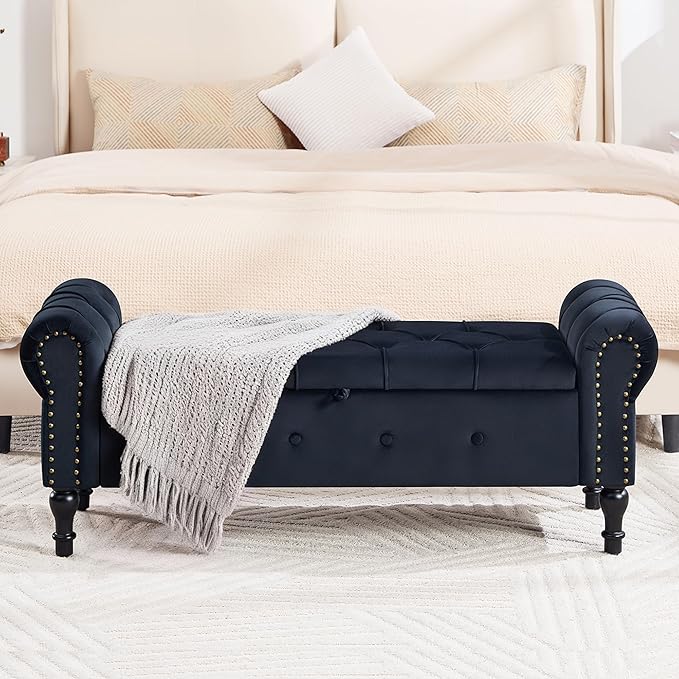 Storage Bench for Bedroom, Velvet 51" End of Bed Bench, Queen Size Bench