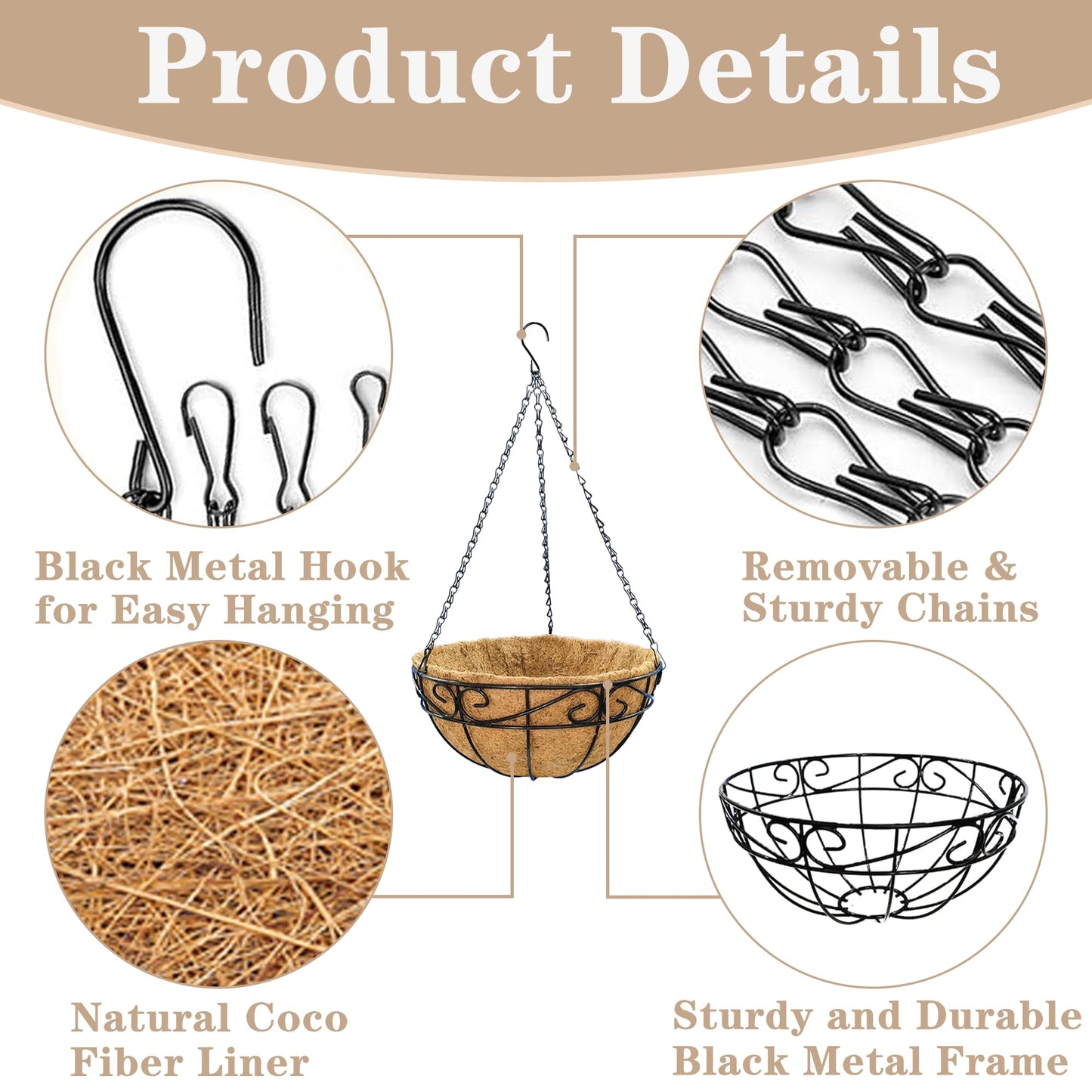 EIMQUVW Outdoor Metal Hanging Planters Basket (4pack, 10 inch) Hanging Baskets for Plants Chain Round Wire Plant Holder with Coco Fiber Liners for Garden, Patio, Deck, Porch(Flower Border)