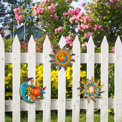 dreamskip 3 Pack Sun and Moon Wall Decor, Hanging Sun Moon & Stars Metal Wall Art, Sun Face Outdoor Wall Decor for Garden Fence Patio Yard Living Room Bedroom Decorations