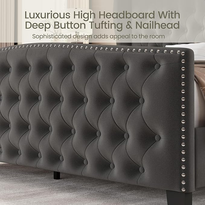 LARMACE King Size Bed Frame Velvet Upholstered Platform Bed