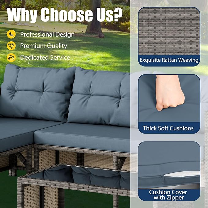 Vongrasig 3 Pieces Patio Furniture Sets, All-Weather Wicker Outdoor Sofa Couch