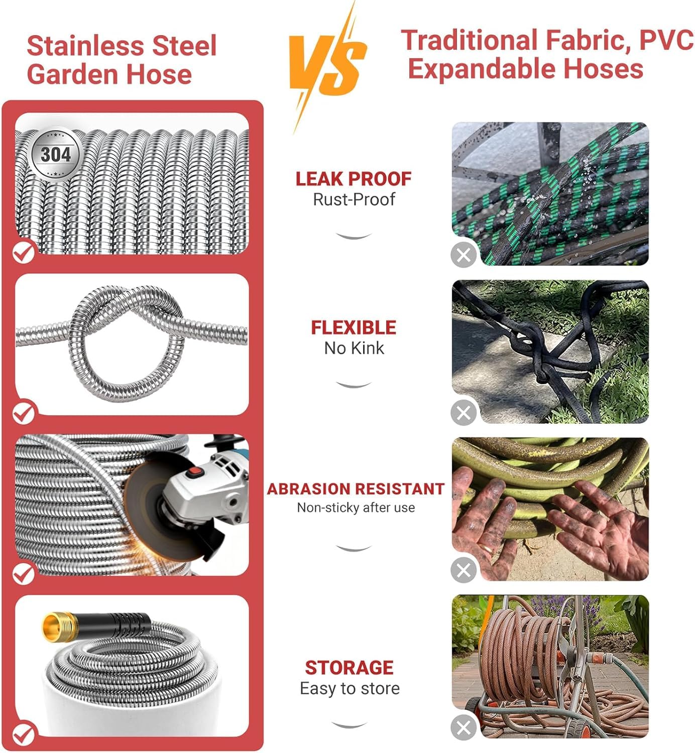 Lefree 50ft Metal Garden Hose - Heavy Duty 304 Stainless Steel Flexible Water Hose, No Kinks & Leak-Proof with Upgraded Handle, 10-Function Spray Nozzle for Balcony, Patio, Small Yard, Car Wash