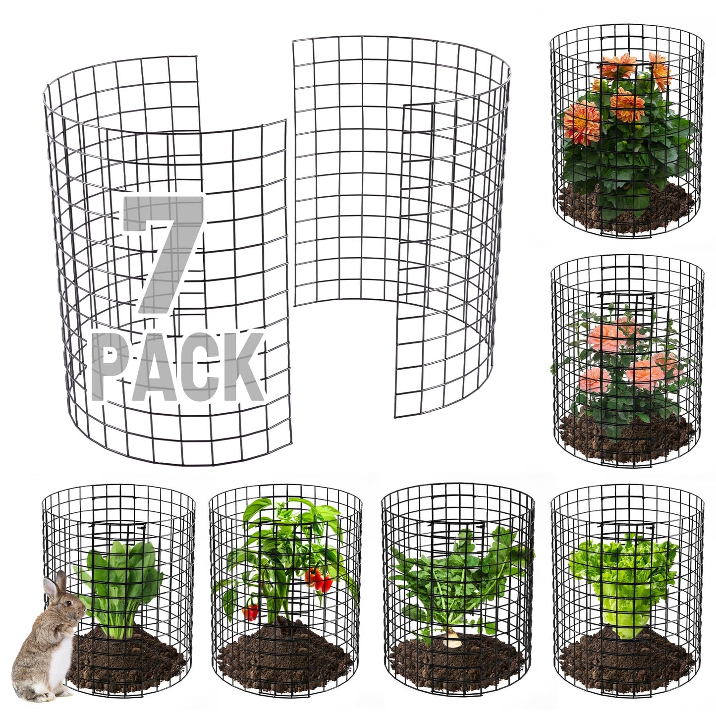 12-gauge Wire Pre-Bent Quick Setup Plant Protectors from Animals -14''H *13''Dia Chicken Wire Plant Cages to Keep Rabbits Deers Squirrels Out, Garden Bunny Barricades with Zip Ties Stakes, 7Pack