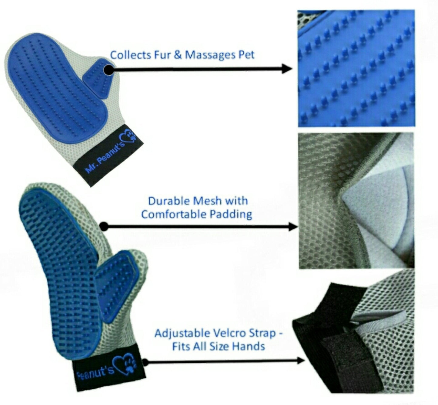 Mr. Peanut's Grooming Glove Brush and Deshedding Aid - Pet Hair Remover Mitt - for Long and Short Hair Grooming of Dogs, Horses, Bunnies and Some Agreeable Cats