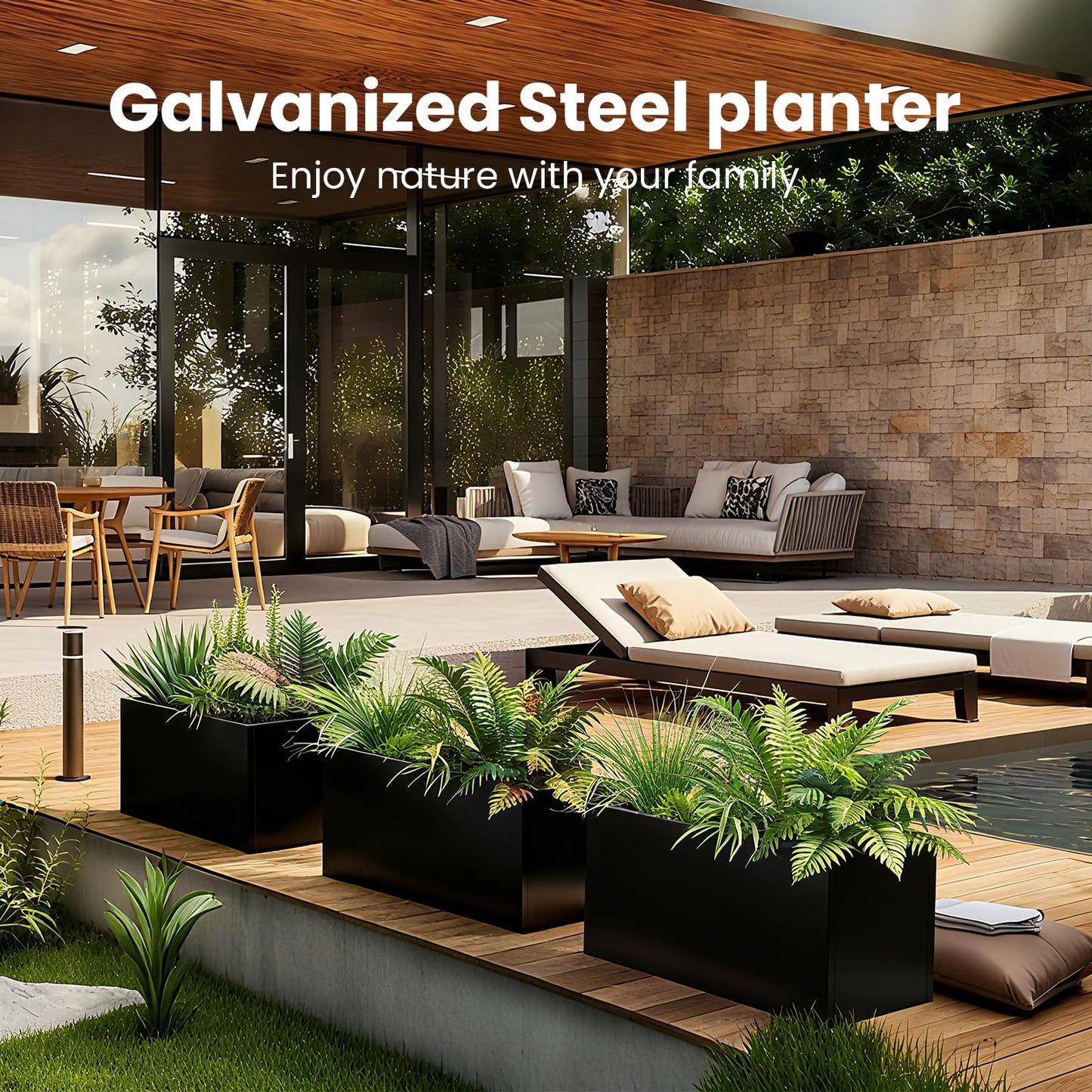 Black Planter Box Galvanized Steel Rectangular Metal Planter 36" L x 12" W x 16" H Indoor Large Outdoor Planters Steel Heavy Rectangle Planter Commercial Residential for Plants, Patio, Yard, Garden