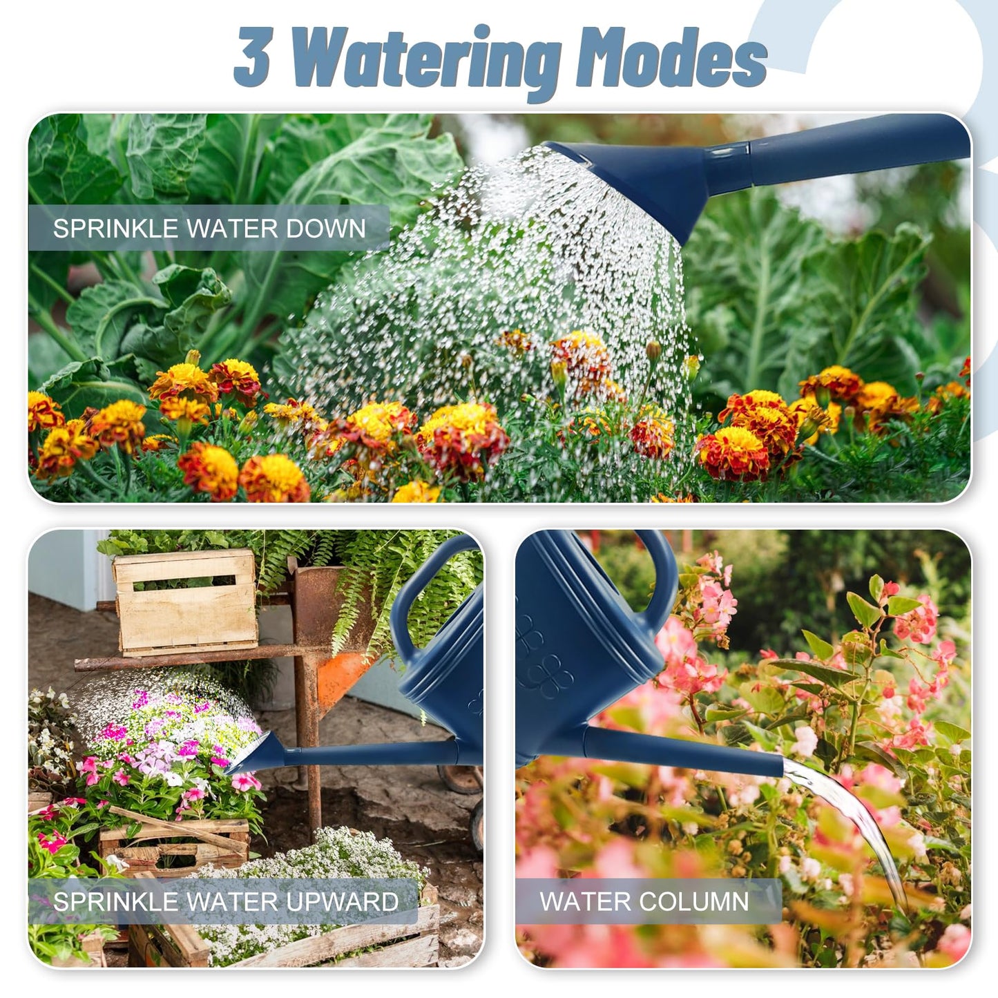 Watering Can for Indoor & Outdoor Plants, Plant Watering Can with Stainless Steel Shower Head, 1 Gallon Plastic Watering Can for Garden, Flowers, Vegetable, Greenhouse (Dark Blue, 1 Gallon)