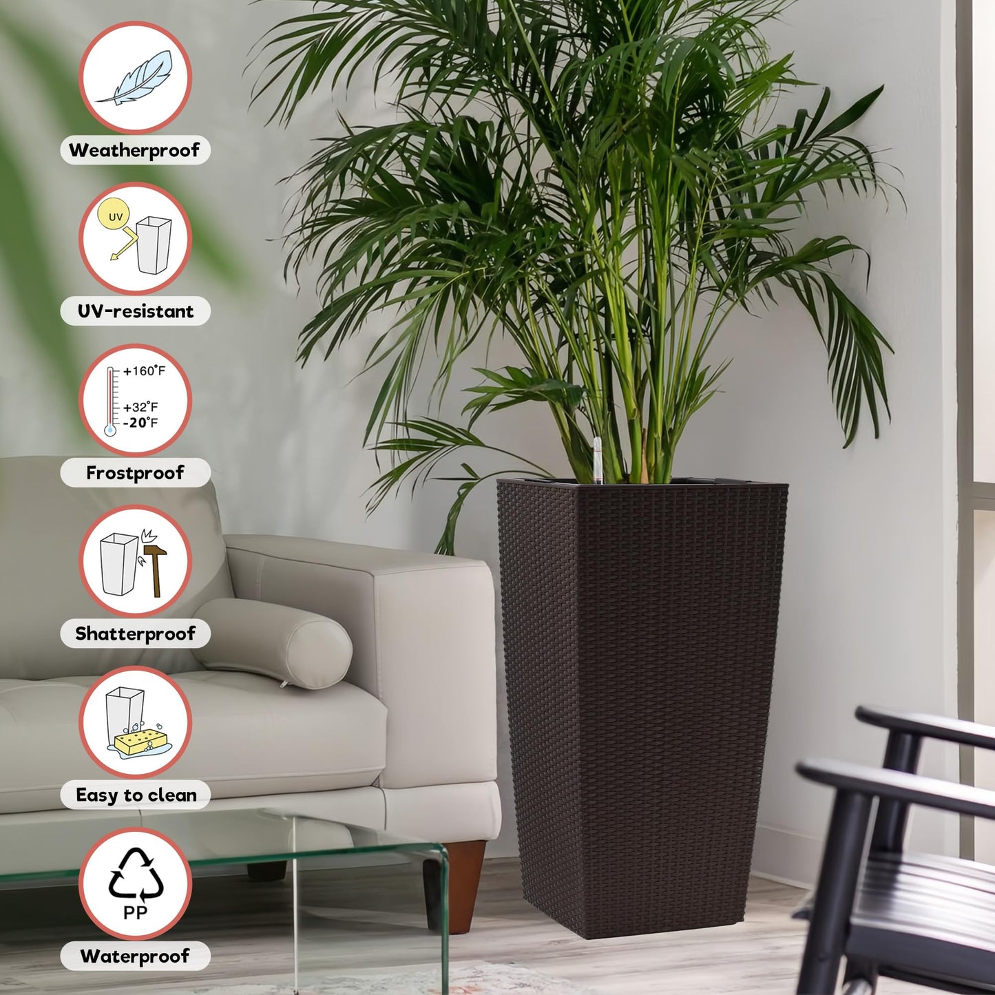 30" Tall Large Planter with Self-Watering System, Indoor Outdoor Flower Pot with Drainage Holes, Inner Tray and Water Level Indicator, Spacious Plant Pot for Garden Patio Porch Backyard, Brown