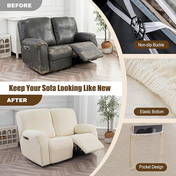 Gennia Recliner Loveseat Cover 4 Pieces, Waterproof Stretch Recliner Sofa