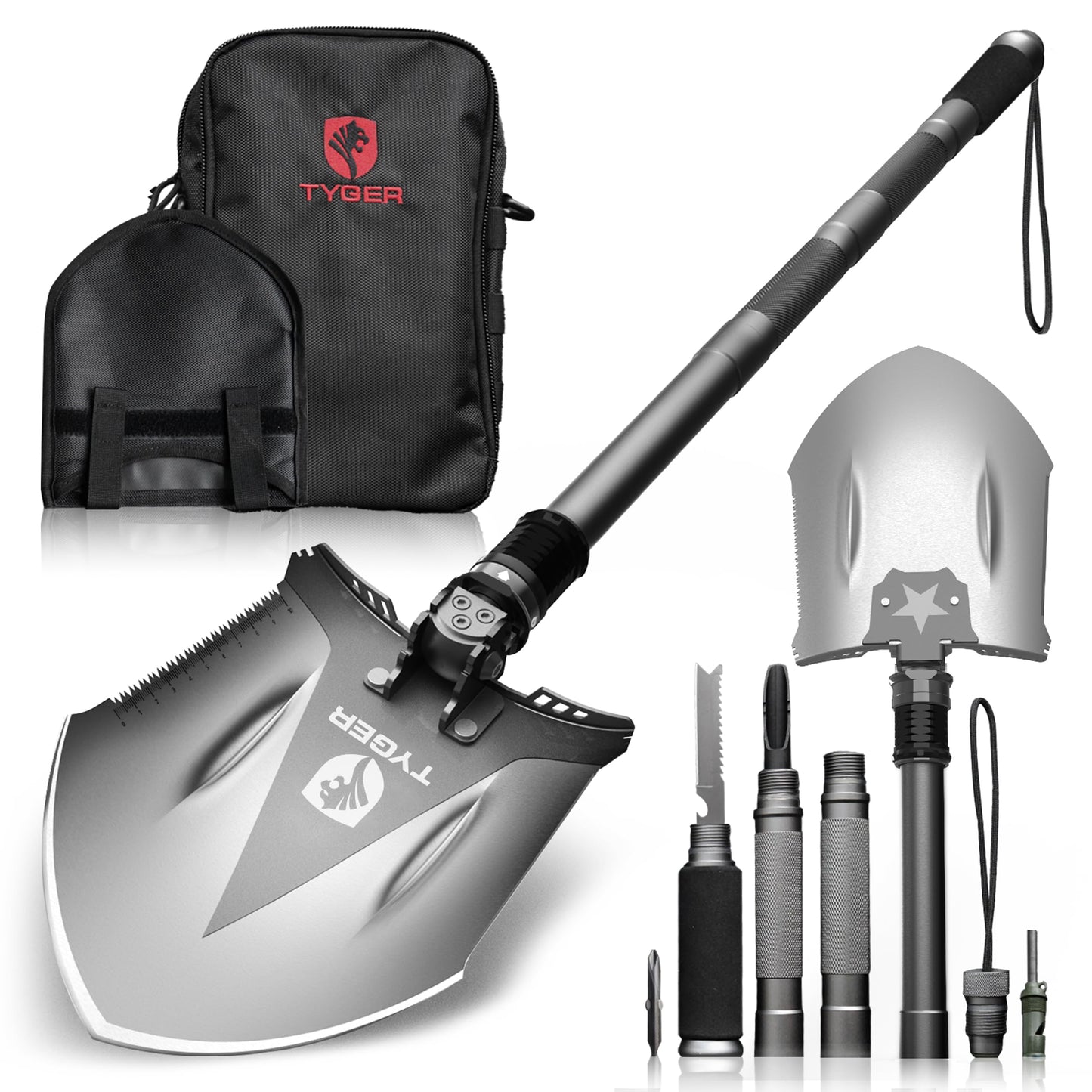 Tyger Auto Folding Shovel TG-SV8U3217 Military Heavy Duty Survival Shovel 16-in-1 Multitool Compact Camp Shovel with Bag for Camping, Hiking, Off-Roading, Outdoor, Tactical, Emergency