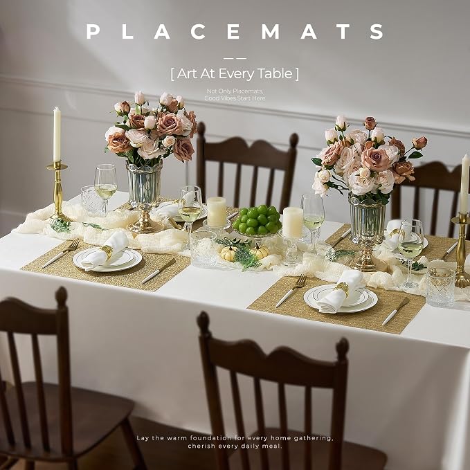 Leetaltree Gold Placemats Set of 6 - Heat Resistant Non-Slip Place mats for Dining Table, Washable Durable PVC Vinyl Woven Table Mats(Luxury Gold, 6)