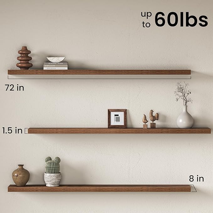 Fun Memories 72Inch Long Floating Shelves, 8 Inch Deep Shelves