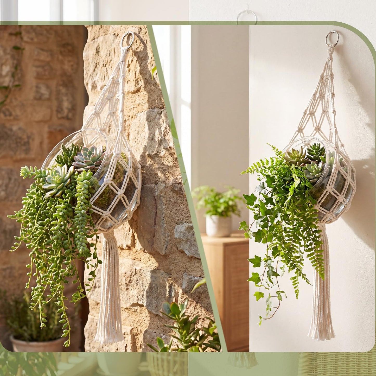 Junkin 1 Set Handmade Macrame Plant Hanger with Plastic Bowl Fish Tank, Cotton Rope Hanging Planter Basket for Indoor Outdoor Wall Decor, Boho Style, No Plant Included