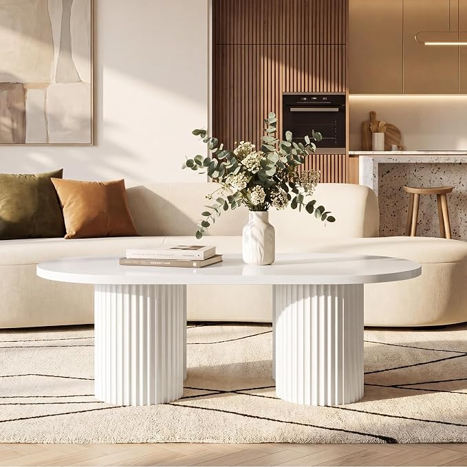 Tribesigns Oval Coffee Table, 47" Modern Center Table with Fluted Design, Tea Table with Sturdy Legs for Living Room, Bedroom, Office, Easy Assembly, White