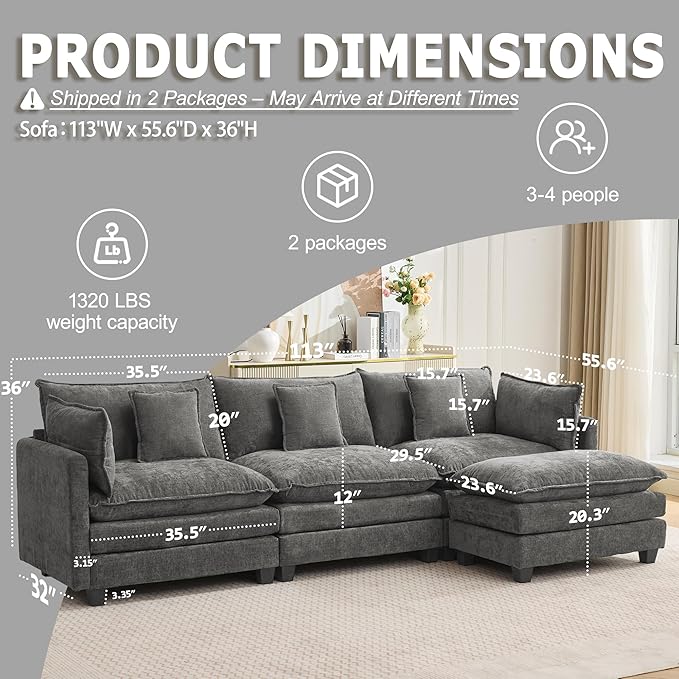 113” Modular Sectional Sofa, L Shaped Cloud Couch