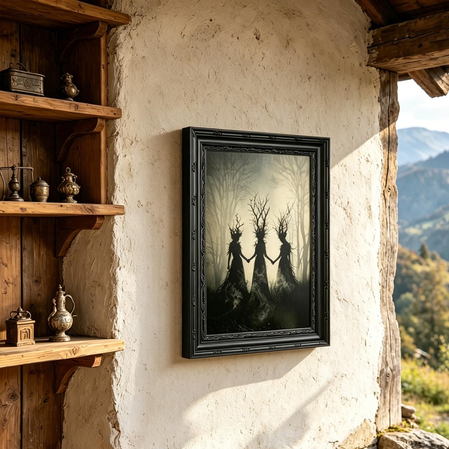 Framed Witch Canvas Wall Art,Occult Painting Picture Wall Decor,Dark Moody Poster Print Artwork,for Bedroom Living Room Halloween Party Home Decoration 9x11in