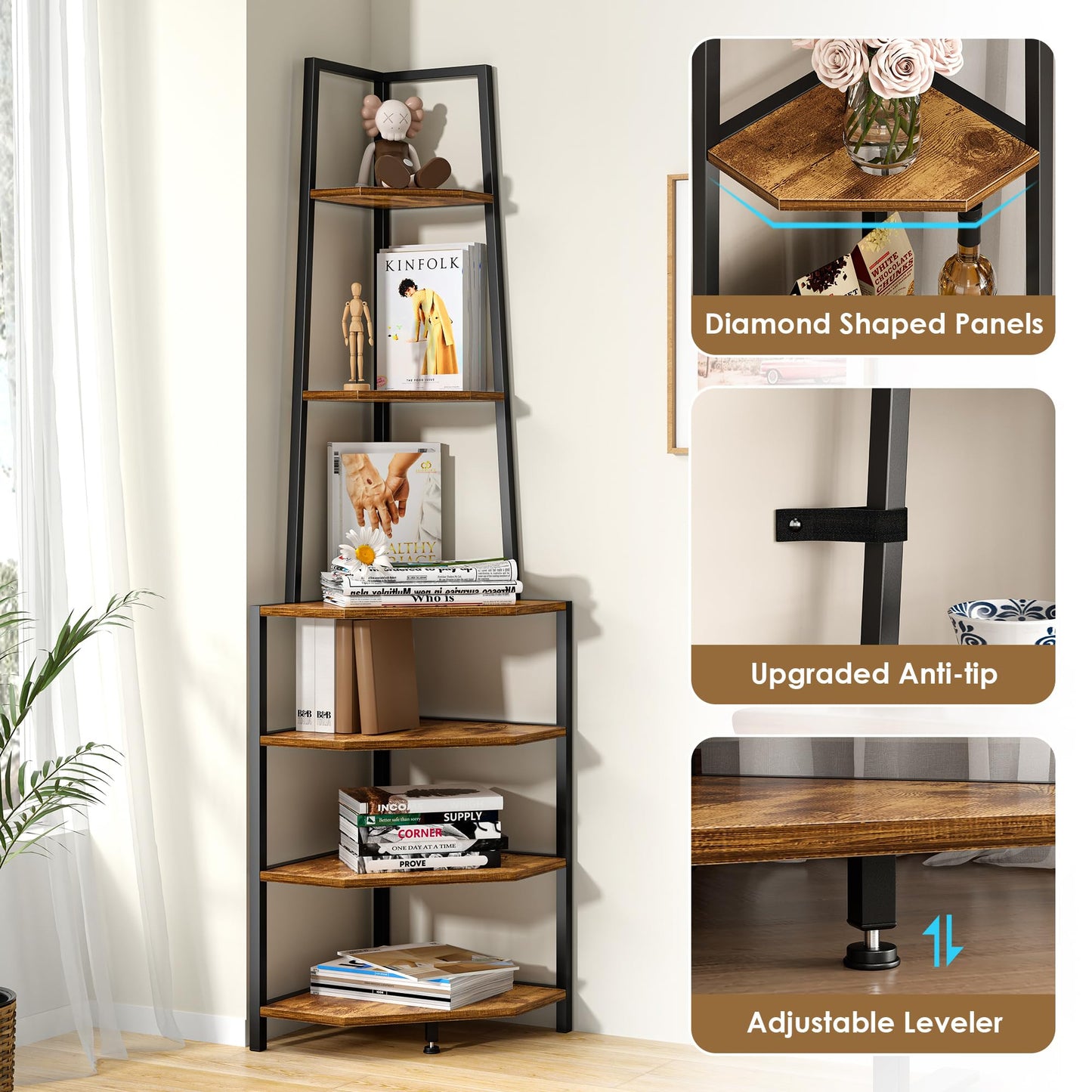 VECELO 6 Tier Corner Shelf 69 Inch Industrial Bookshelf with Metal Frame, Multipurpose Tall Plant Stand with Opening Display Shelves for Living Room, Bedroom, Home Office, Small Space, Brown
