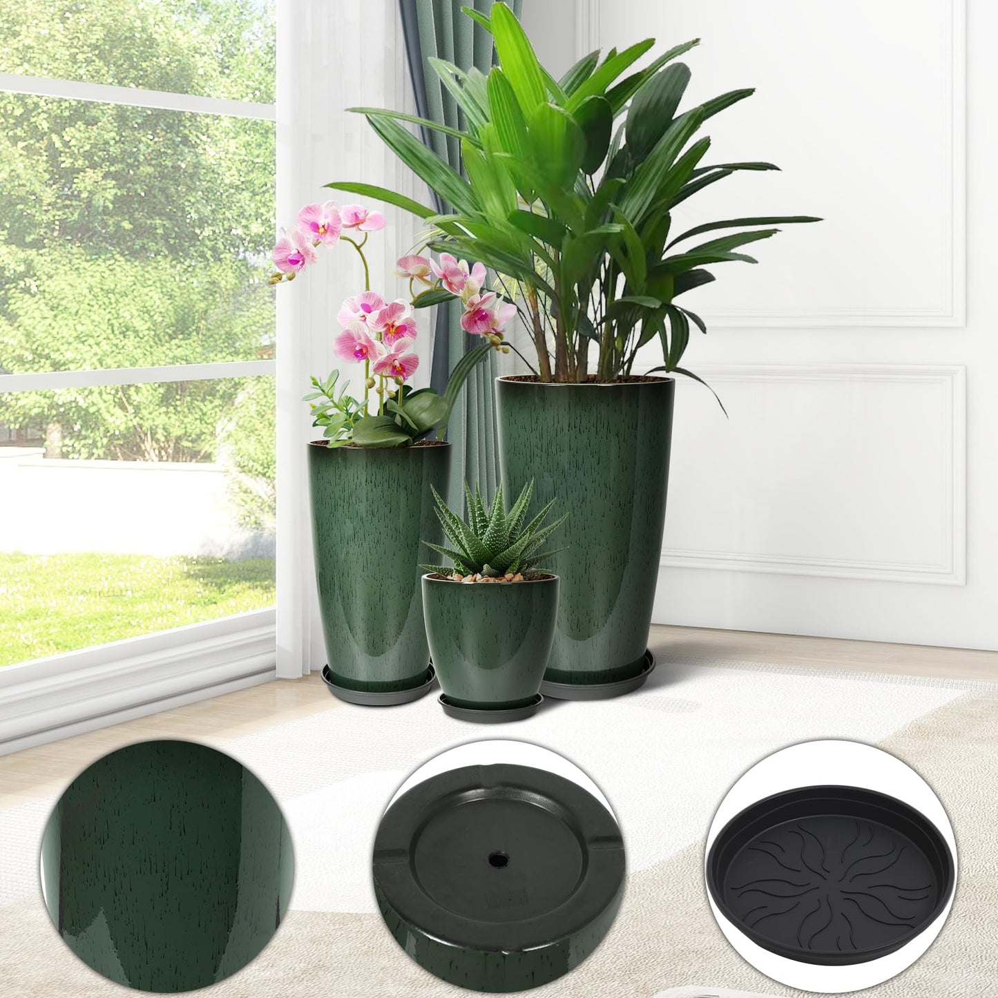 Neoaider 24/21/12 Inch Large Plastic Planter, Lightweight Ceramic-Look Tall Planters with Drain Hole & Saucers, Tall Plastic Planters for Porch, Garden, Patio, Balcony(Dark Green)