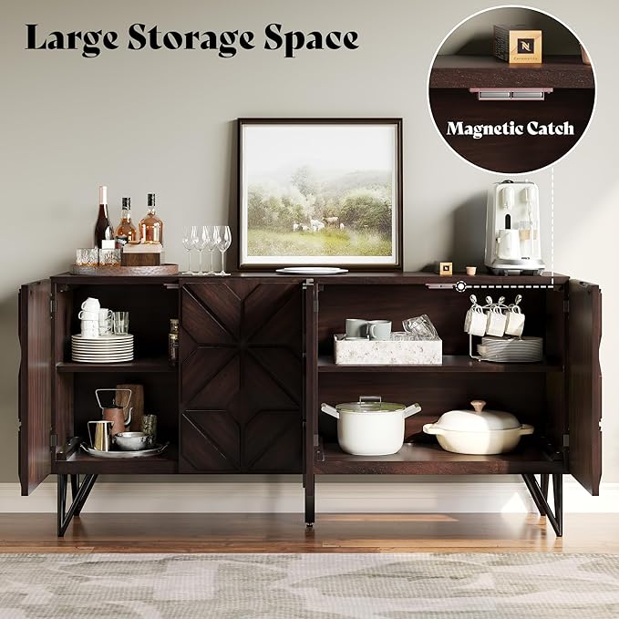 AMERLIFE 63” Solid Acacia Wood Sideboard Buffet Cabinet, Hand-Carved Geometric