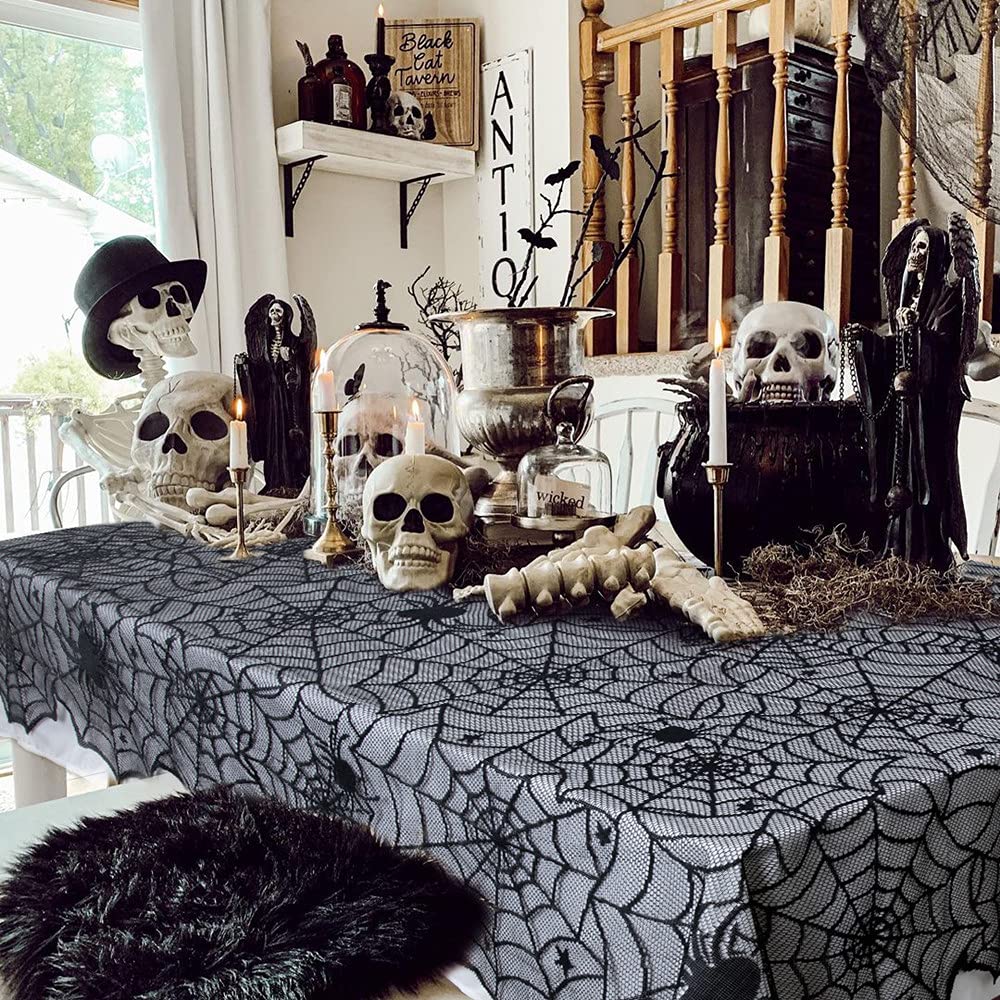 LuoluoHouse Black Lace Tablecloth 54x72 Inch Halloween Tablecloths Spider Cobweb Table Cover for Masquerade Dinner Party Scary Movie Nights Table Decorations