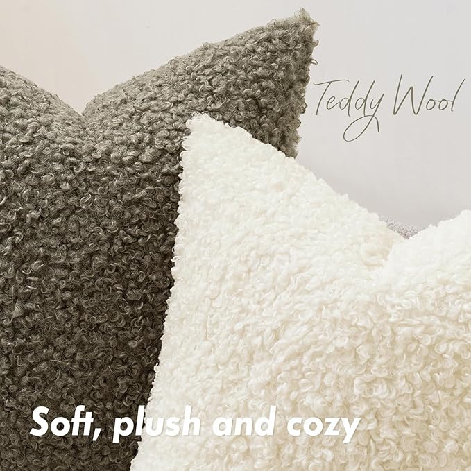 Faux Fur Throw Pillow Covers 18x18 Inch Set of 2 Boucle Neutral Decorative