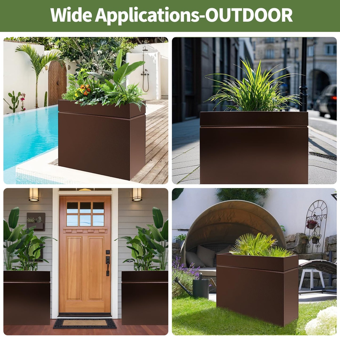 HONYTA Metal Rectangular Planter Box, Powder Coating Steel Large Planters 35" L x 12" W x 26" H with Drainage Hole, Indoor Outdoor All-Weather Use for Home, Porch, Patio, Garden(Bronze)