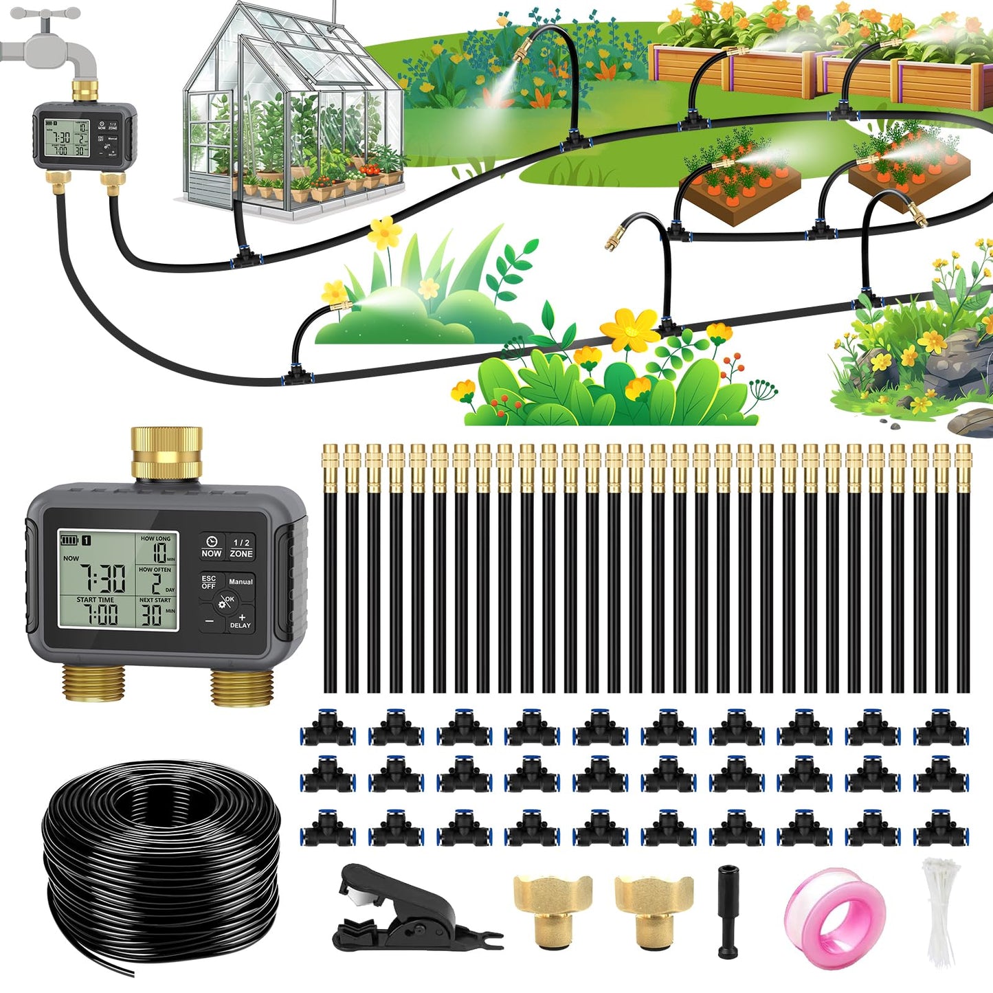 120FT Drip Irrigation System with Smart Water Timer – Automatic Garden Watering Kit with Dual Metal Tube Brass Connectors, 360° Adjustable Nozzles & Bendable Tubing for Garden, Greenhouse & Lawn
