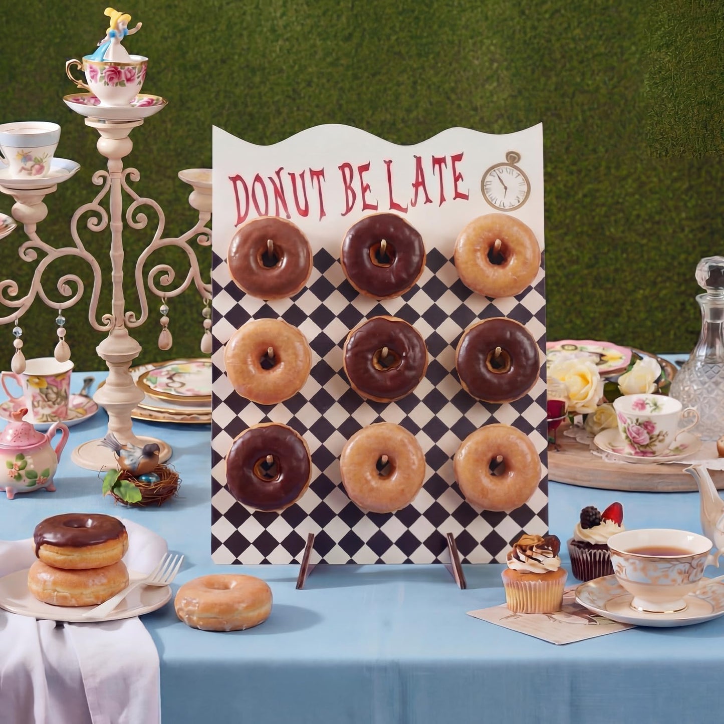 Suclain 16 x 12 Inches Wonderland Party Decoration Donut Wall Display Stand 9 Holes Wooden Donut Bagel Display Holder Board Wonderland Tea Black and White Checkered Stands for Birthday Tea Parties